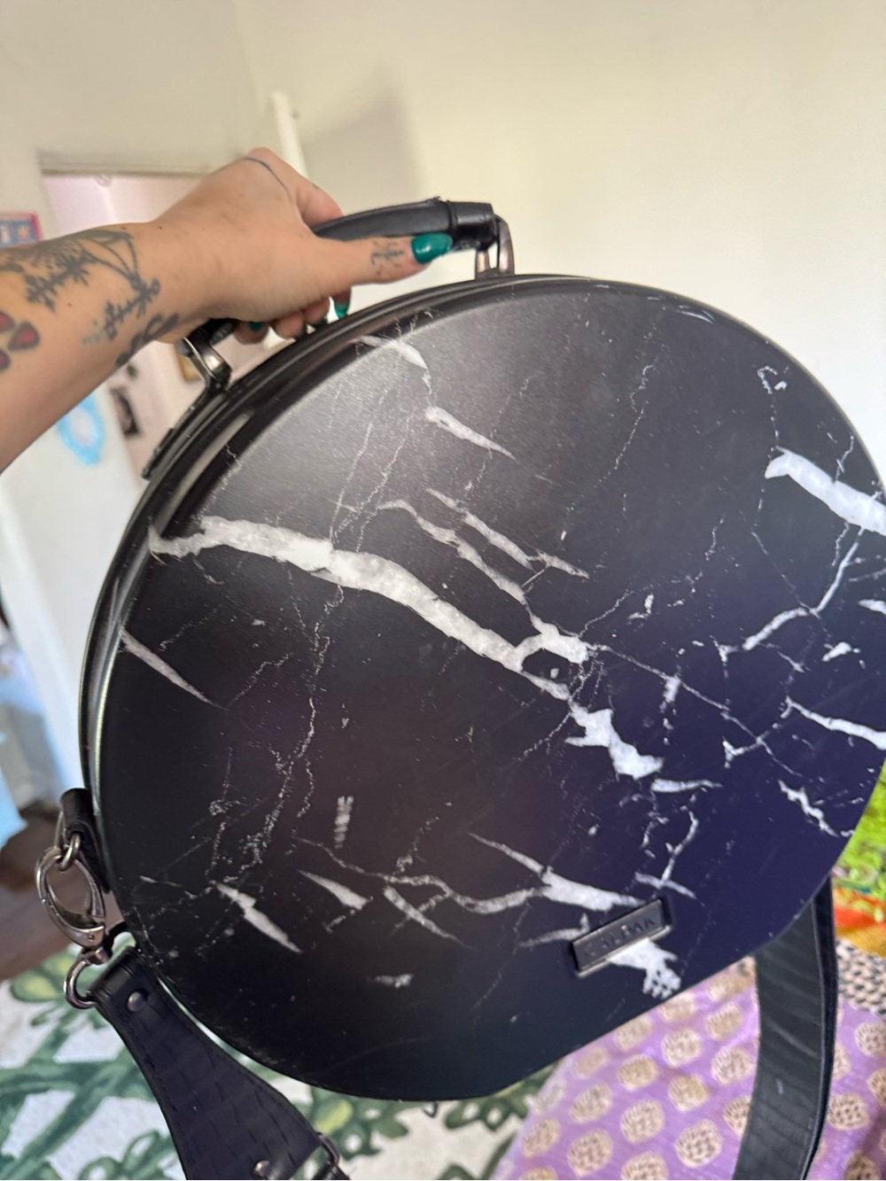 Calpak Black & White Faux Marble Print Crossbody Travel Bag/ Hat Bag/ Makeup Bag